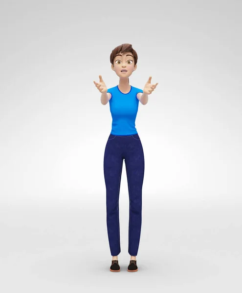 Hulpeloos, kwetsbaar en triest Jenny - 3d Cartoon vrouwelijke personage Model - breidt handen bedelen voor Help armen reiken — Stockfoto