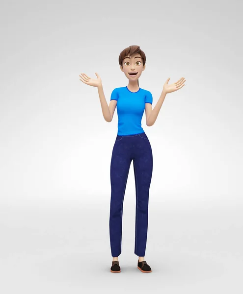 Verbaasd en verbijsterd door Aha Moment, glimlachend Jenny - 3d Cartoon vrouwelijke personage Model - verrast met een Wow-Effect — Stockfoto