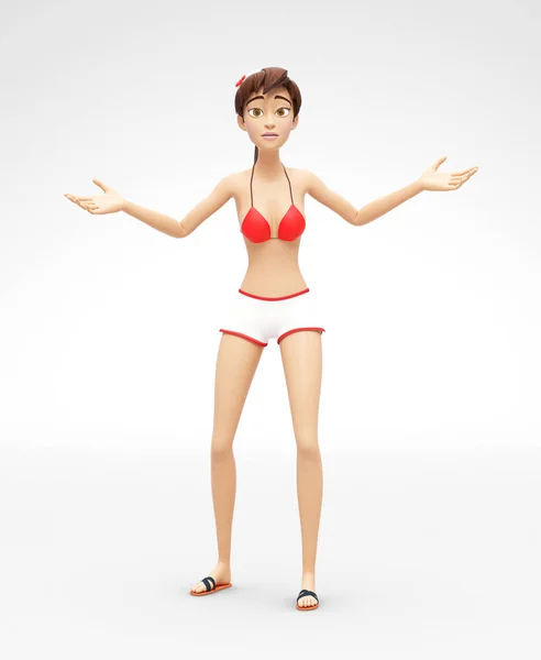 Überrascht jenny sagt so was - 3d cartoon weibliche figur model - wirkt gleichgültig, verloren und entmutigt — Stockfoto