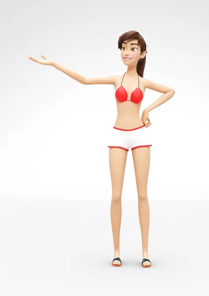 Excited and Smiling Jenny - 3D Cartoon Female Character Model - Presents Product or Service with Confidence — Stock Photo, Image