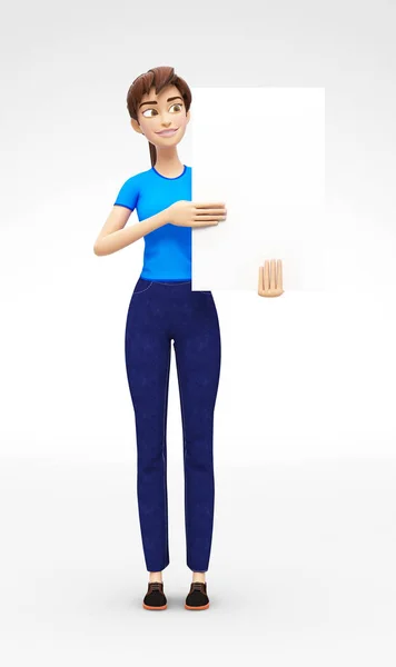 Tyhjä tuote Juliste ja Banner Mockup hallussa hymyilevä ja onnellinen Jenny - 3D Cartoon Nainen Character Rento vaatteet — kuvapankkivalokuva