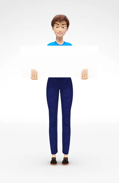 Cartel de producto en blanco y burla de pancarta sostenida por Jenny sonriente y feliz - Personaje femenino de dibujos animados 3D en ropa casual —  Fotos de Stock