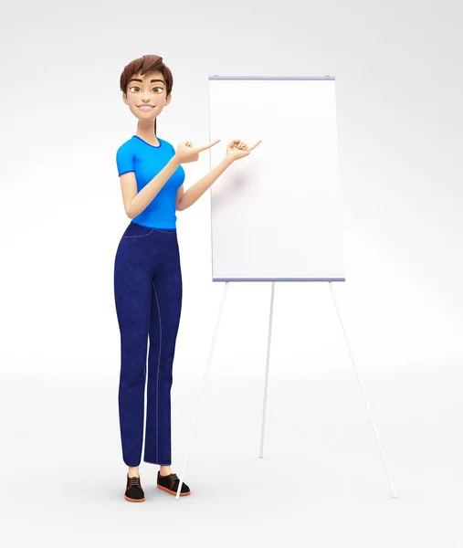 Produto Flip-Chart Mockup e placa em branco com Jenny sorridente - Personagem feminina dos desenhos animados 3D em roupas casuais — Fotografia de Stock