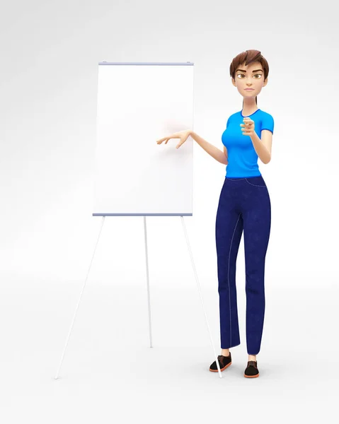 Produkt typu Flip-Chart makieta i deska z poważnych i ścisłe Jenny - 3d kreskówka postać kobieca w ubranie — Zdjęcie stockowe
