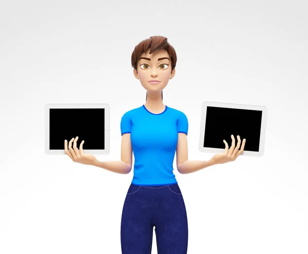 Två tablett enhet prototyper med tomma skärmar innehas av allvarliga Jenny - 3d tecknad kvinnlig karaktär i Casual kläder bakgrunden — Stockfoto