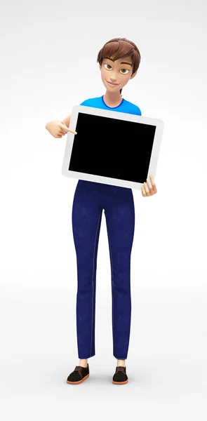 Tablet Device Mockup con pantalla en blanco sostenida por sonriente y feliz Jenny - Personaje femenino de dibujos animados 3D en ropa casual —  Fotos de Stock