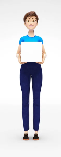 パッケージのモックアップ、空白ギフト ボックス開催笑顔をカジュアルな服で幸せなジェニー 3 d 漫画の女性キャラクター — ストック写真