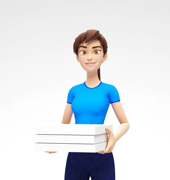 ダン ボール ピザ箱やパッケージのモックアップ開催笑顔と幸せなカジュアルな服でジェニー 3 d 漫画の女性キャラクター — ストック写真