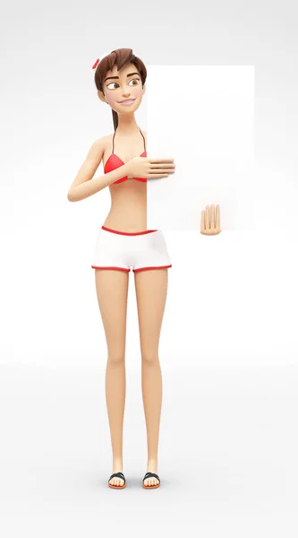 Leeg Product Poster en Banner Mockup Held door glimlachende en gelukkig Jenny - 3d Cartoon vrouwelijke personage in Bikini badpak — Stockfoto
