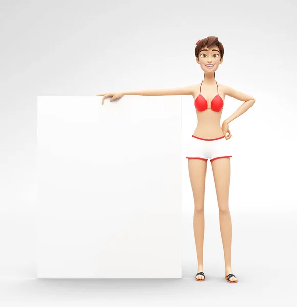Blank Product Billboard and Banner Mockup Held by Smiling and Happy Jenny - 3D Cartoon Female Character in Swimsuit Bikini — Stock Photo, Image