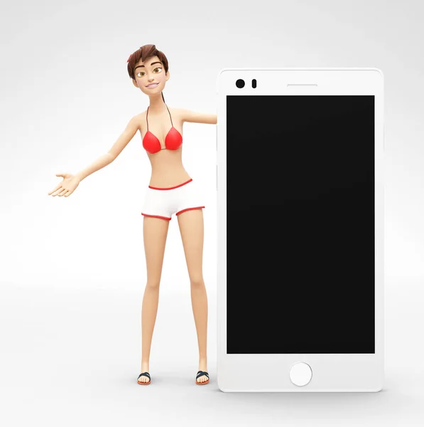 Makieta telefonu komórkowego z pusty ekran w posiadaniu uśmiechnięty, zadowolony Jenny - 3d kreskówka postać kobieca w strój kąpielowy Bikini — Zdjęcie stockowe