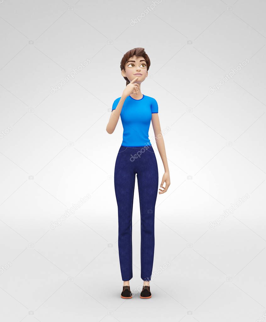 Thoughtful and Frozen Jenny - 3D Cartoon Female Character Model - Amazed, Contemplating Great Idea