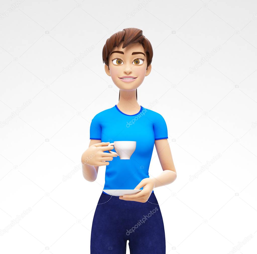 Blank Coffee or Tea Cup Mockup With saucer Held by Smiling and Happy Jenny - 3D Cartoon Female Character in Casual Clothes