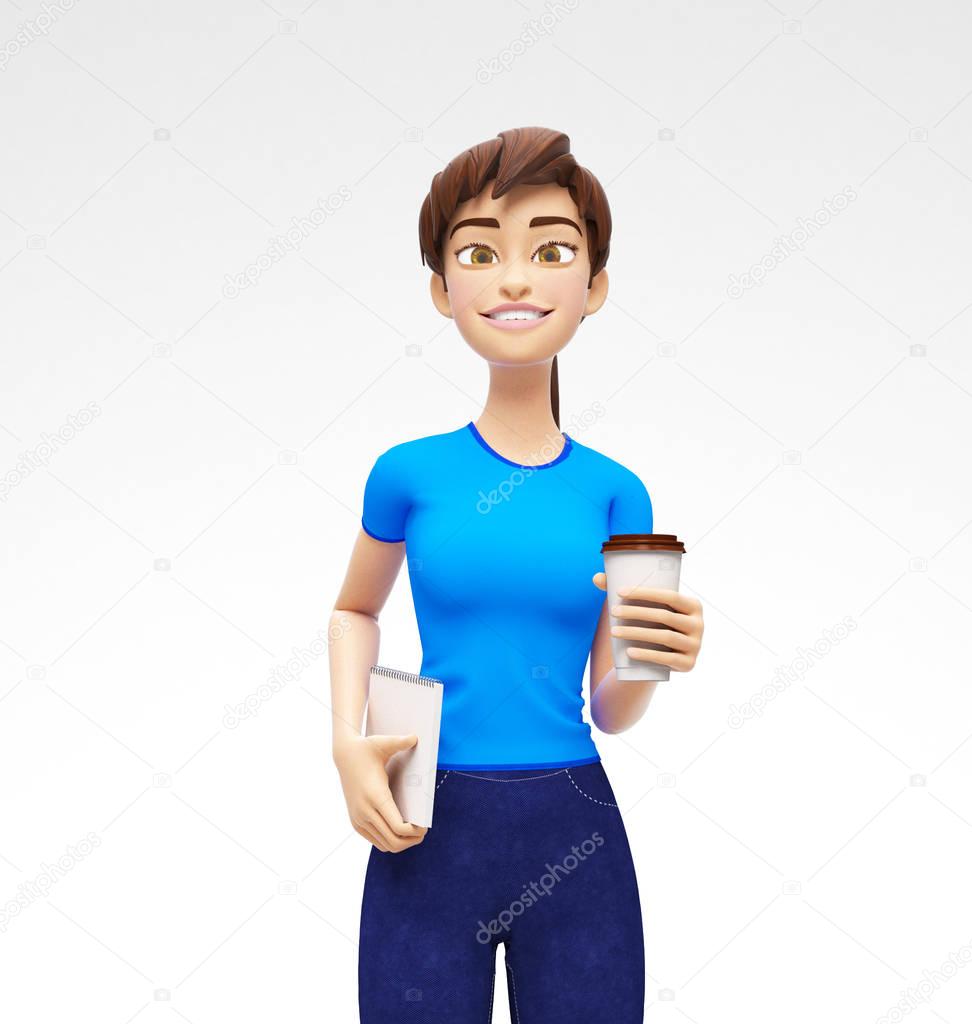 Blank Coffee or Tea Cup Mockup Held by Smiling and Happy Jenny - 3D Cartoon Female Character in Casual Clothes
