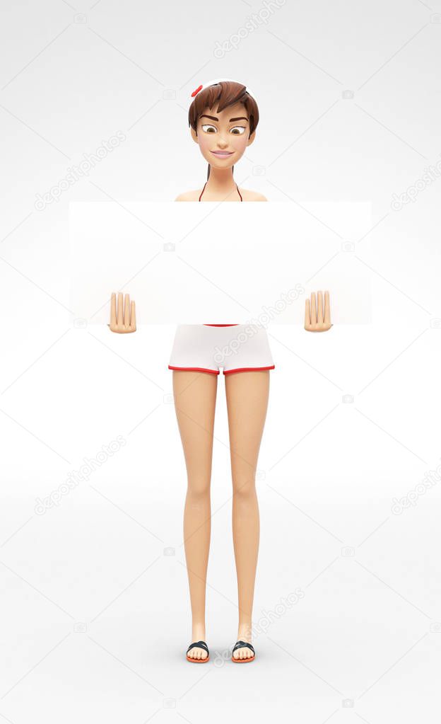 Blank Product Poster and Banner Mockup Held by Smiling and Happy Jenny - 3D Cartoon Female Character in Swimsuit Bikini