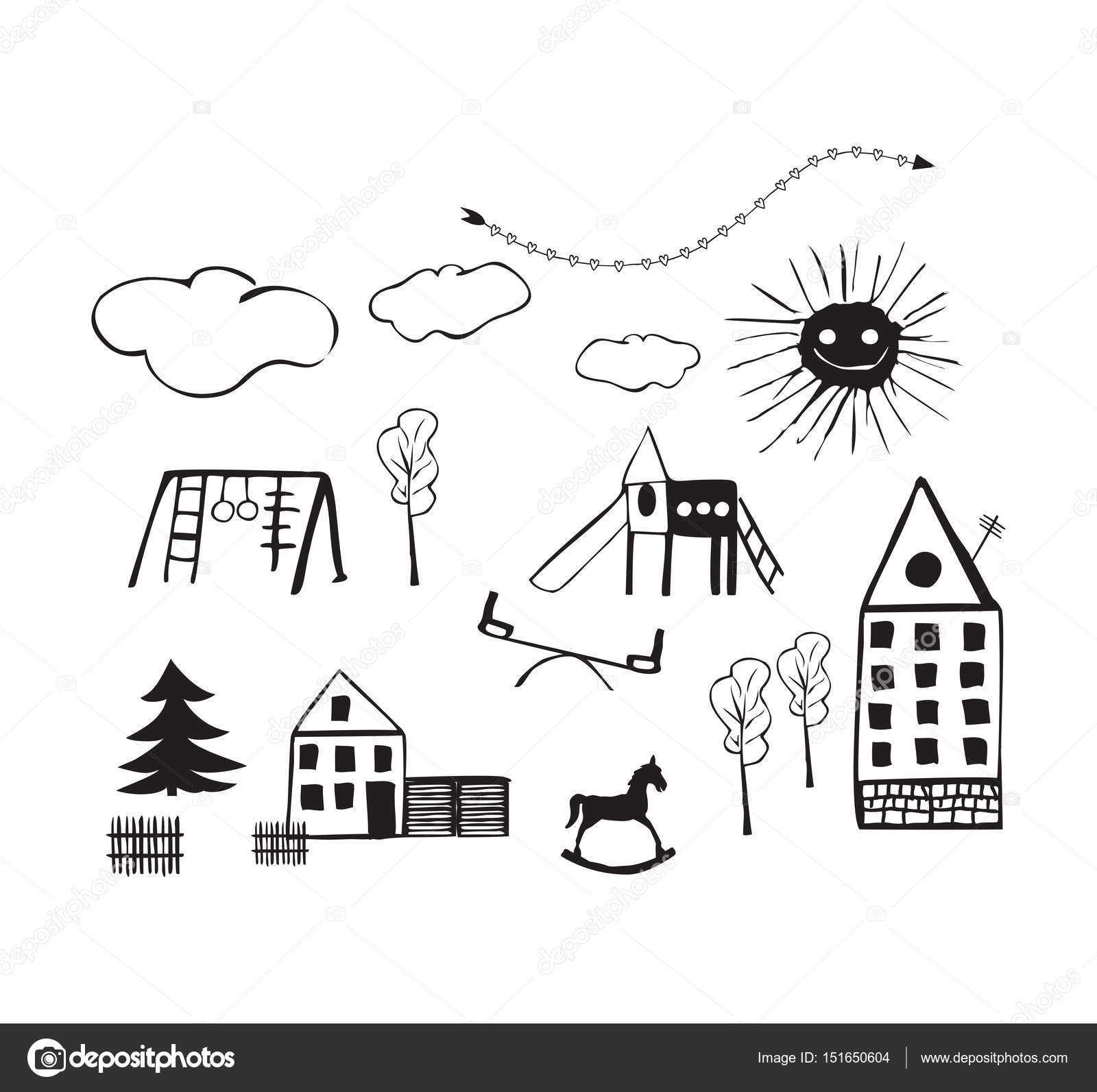 Spiksplinternieuw Kinderen tekeningen van kinderspeelplaatsen, huizen, bomen, wolken NZ-59
