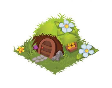 Çiçek - Tileset harita için öğeleri ile dekore edilmiş izometrik çizgi film fantezi Hobbit köy evi