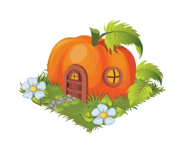 Izometrikus rajzfilm Fantasy Pumpkin Faluház díszített virágok - elemek Tileset megjelenítése — Stock Vector