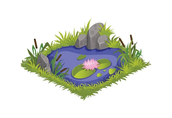 Estanque de agua de dibujos animados isométricos con juncos y lirios silvestres - Elementos para el mapa de Tileset, diseño del paisaje — Vector de stock