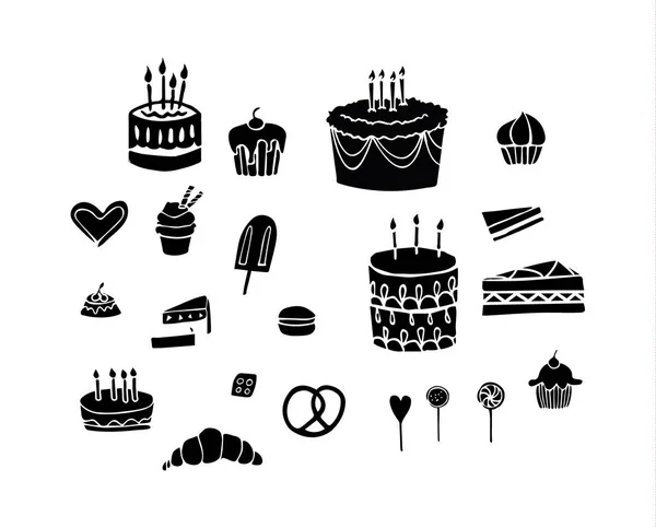 Ensemble de gâteaux d'anniversaire, bonbons et pâtisseries dans des silhouettes d'icône vectorielle — Image vectorielle