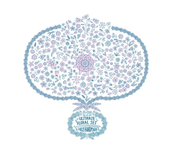 Set floreale vintage disegnato a mano con elementi di foglie, fiori e linee di contorno in rosa e blu vettoriale — Vettoriale Stock
