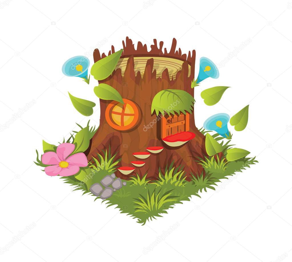 Isometric Cartoon Fantasy Tree Stump Village House Decorated with Flowers - Elements for Tileset Map