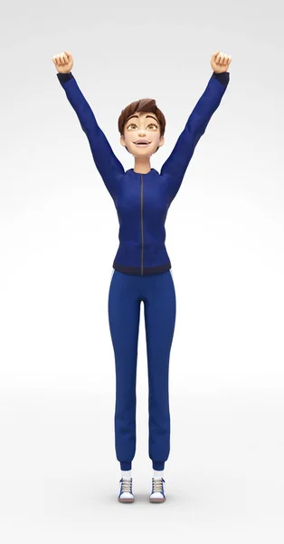 Glimlachen, succesvolle Jenny portretteert - 3d Cartoon vrouwelijke personage Sport Model winnaar Concept — Stockfoto