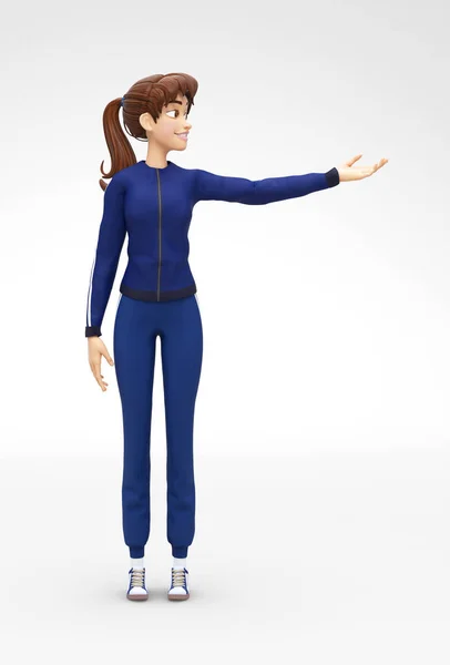 Glimlachen, succesvolle Jenny presenteert - 3d Cartoon vrouwelijke personage Sport Model - Product of dienst met de glimlach — Stockfoto