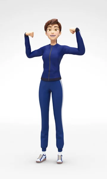 自信を持って、強いジェニー 3 d 漫画の女性キャラクターのスポーツ モデル プロジェクト力力を発揮、筋肉を示しています — ストック写真