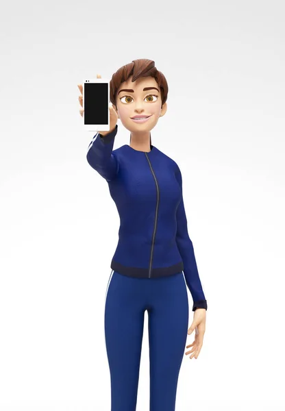 Mobiele telefoon Mockup met leeg scherm gehouden door glimlachende en gelukkig Jenny - 3d vrouwelijke personage in sport pak — Stockfoto