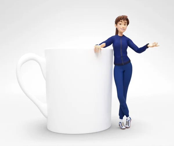 Lege koffie of thee beker Mockup gehouden door glimlachende en gelukkig Jenny - 3d vrouwelijke personage in sport pak — Stockfoto