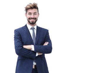 whit üzerinde izole gülümseyen genç mutlu iş adamı portresi