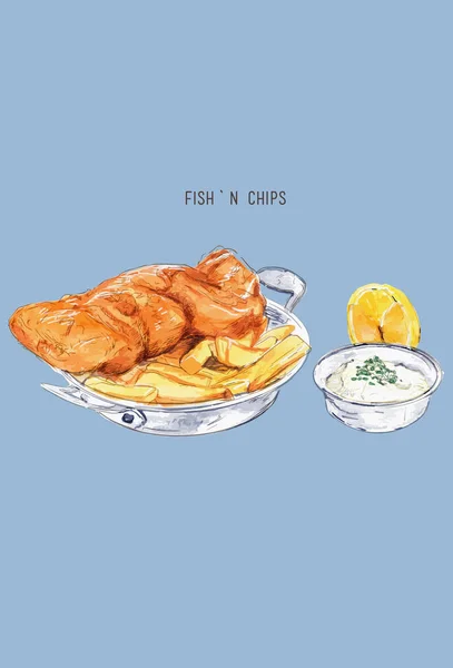 Fish and chips skiss. Brittisk mat. Snabbmat-serien. Grea — Stock vektor