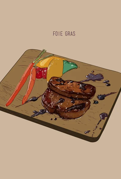 Foie Gras dibujado a mano en plato de madera con pimiento a la parrilla, zanahoria — Archivo Imágenes Vectoriales