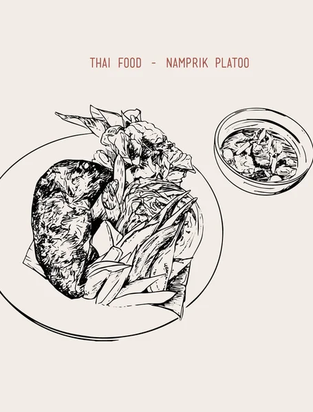 Conjunto de comida tailandesa de pasta de pimentão: Nam prik kapi, Fis de cavala frita — Vetor de Stock