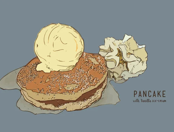 Hand getekende pannenkoeken met vanille-ijs en siroop. — Stockvector