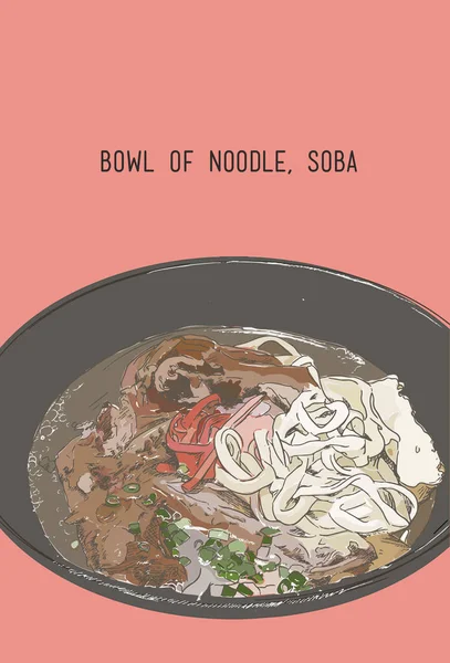 Ilustración de un tazón de fideos japoneses, Soba . — Archivo Imágenes Vectoriales