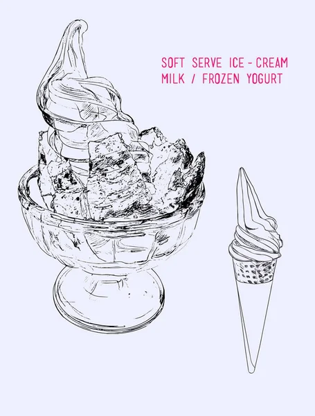 冰淇淋，软服务艺术线条。手的素描画. — 图库矢量图片
