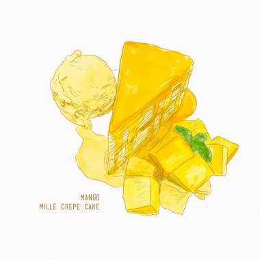 Mango mille krep pasta, sketch vektör.
