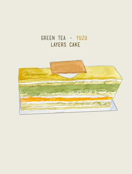 Matcha grüner Tee und Yuzu Orangenschichten Kuchen, Skizzenvektor. — Stockvektor