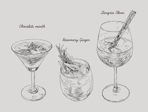Cocktails - ensemble de boissons dessinées à la main, menthe au chocolat, gingembre ro — Image vectorielle