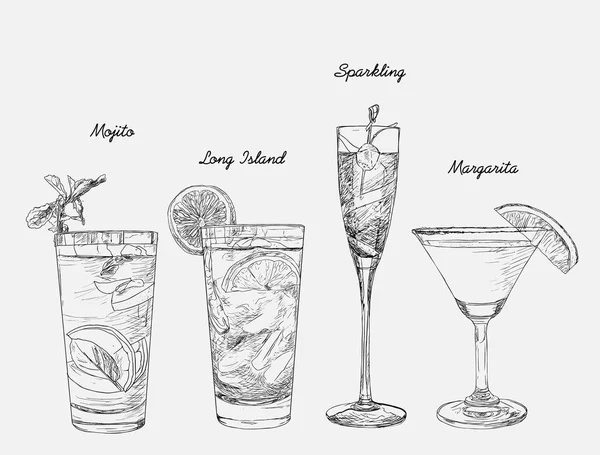 鸡尾酒-手绘的饮料，玛格丽塔岭岛 Ic 的设置 — 图库矢量图片