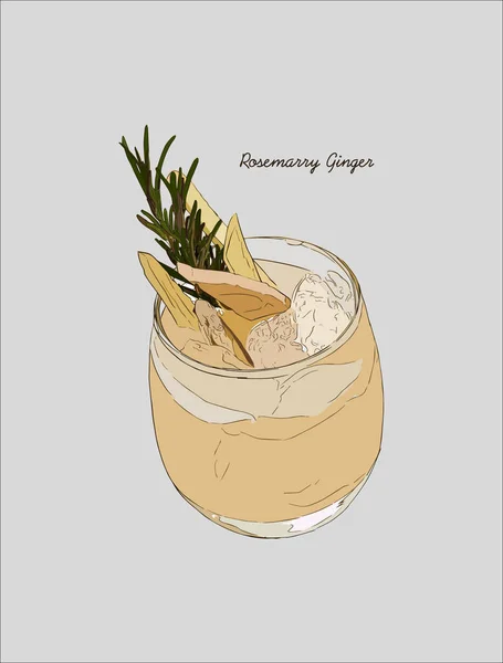 Ginger rosemarry martini cocktail, handritad skiss linje konst ve — Stock vektor