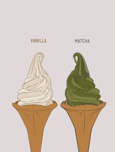 美味的冰淇淋软服务在锥。香草、 抹茶绿 — 图库矢量图片