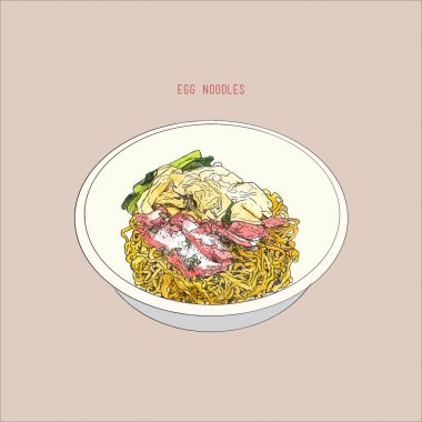 Yumurta noodle ile kırmızı domuz. Tay street gıda, sketch vektör.