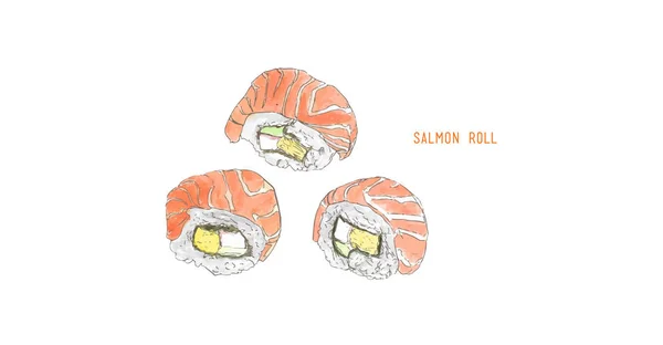 Salmon roll sushi . Hand drawn vintage sushi set vector illustration. — Stock Vector