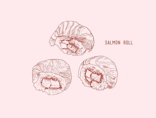 Sushi con rollo de salmón. Dibujado a mano vintage sushi set vector ilustración . — Vector de stock