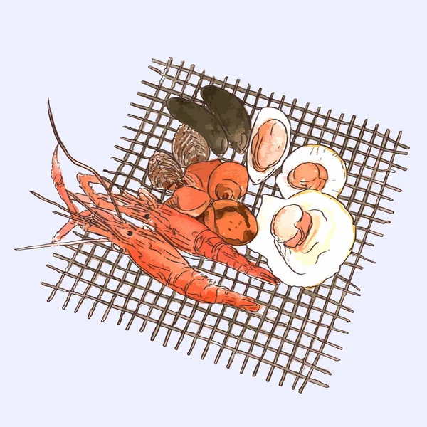 ベクトル シーフード イラストを設定します。手描きグリル海食品スケット — ストックベクタ