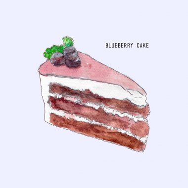 Yaban mersini katman kek, elle çizilmiş kroki su renkli sanat vec