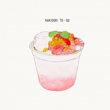 çilek puding kek kakigori elle çizilmiş su renk illus